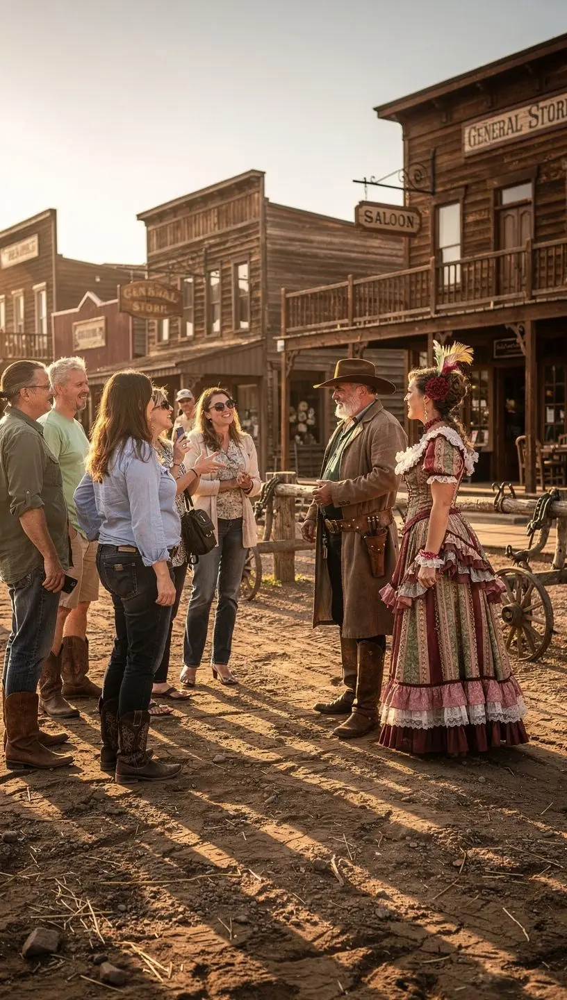 Туристическая группа, слушающая гида о истории Запада.