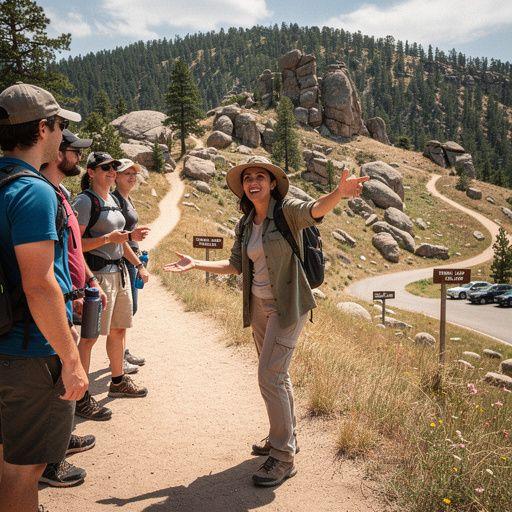Групповая экскурсия туристов, восхищенно рассматривающих памятник на горе Рашмор